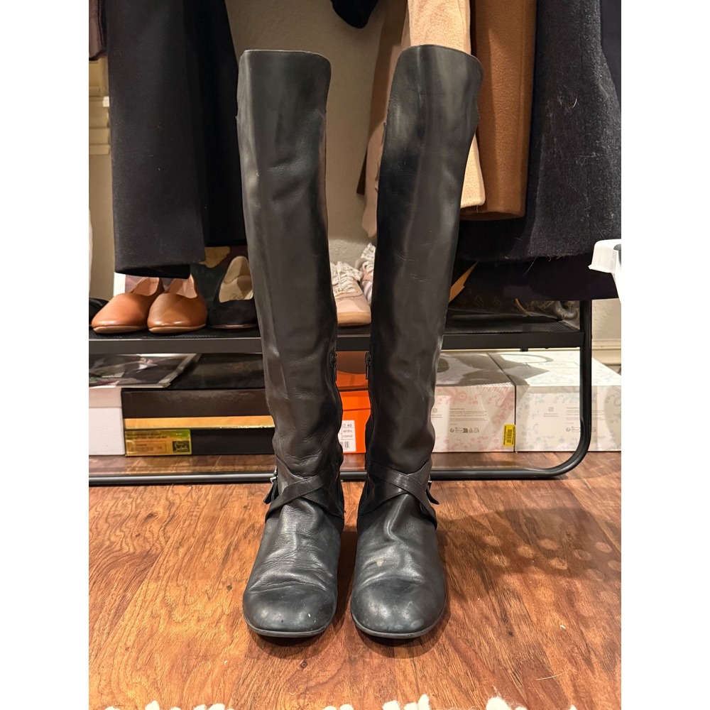Antonio Melani Black Leather Over The Knee Boots Flat Buckle Strap Womens 7.5M